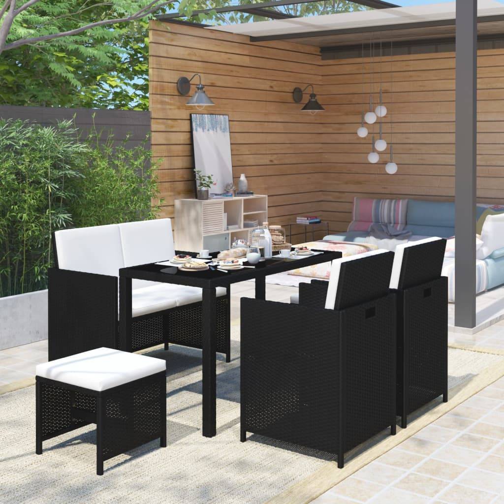 vidaXL 6-tlg. Garten-Essgruppe mit Auflagen Poly Rattan Schwarz