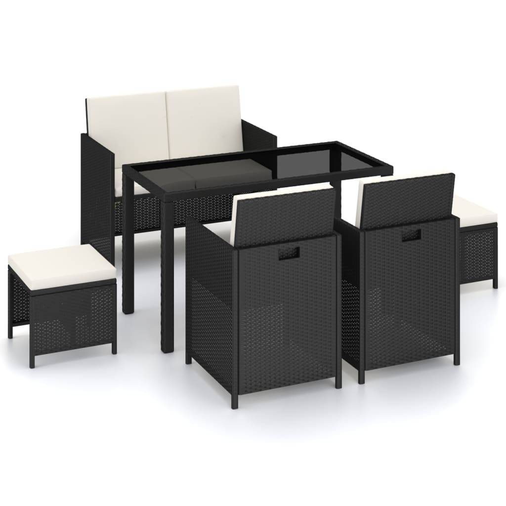 vidaXL 6-tlg. Garten-Essgruppe mit Auflagen Poly Rattan Schwarz