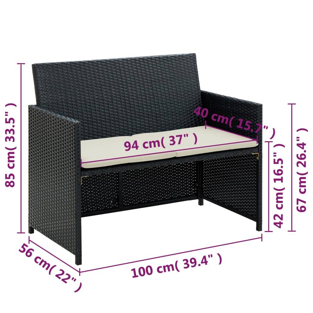 vidaXL 2-Sitzer-Gartensofa mit Polstern Schwarz Poly Rattan