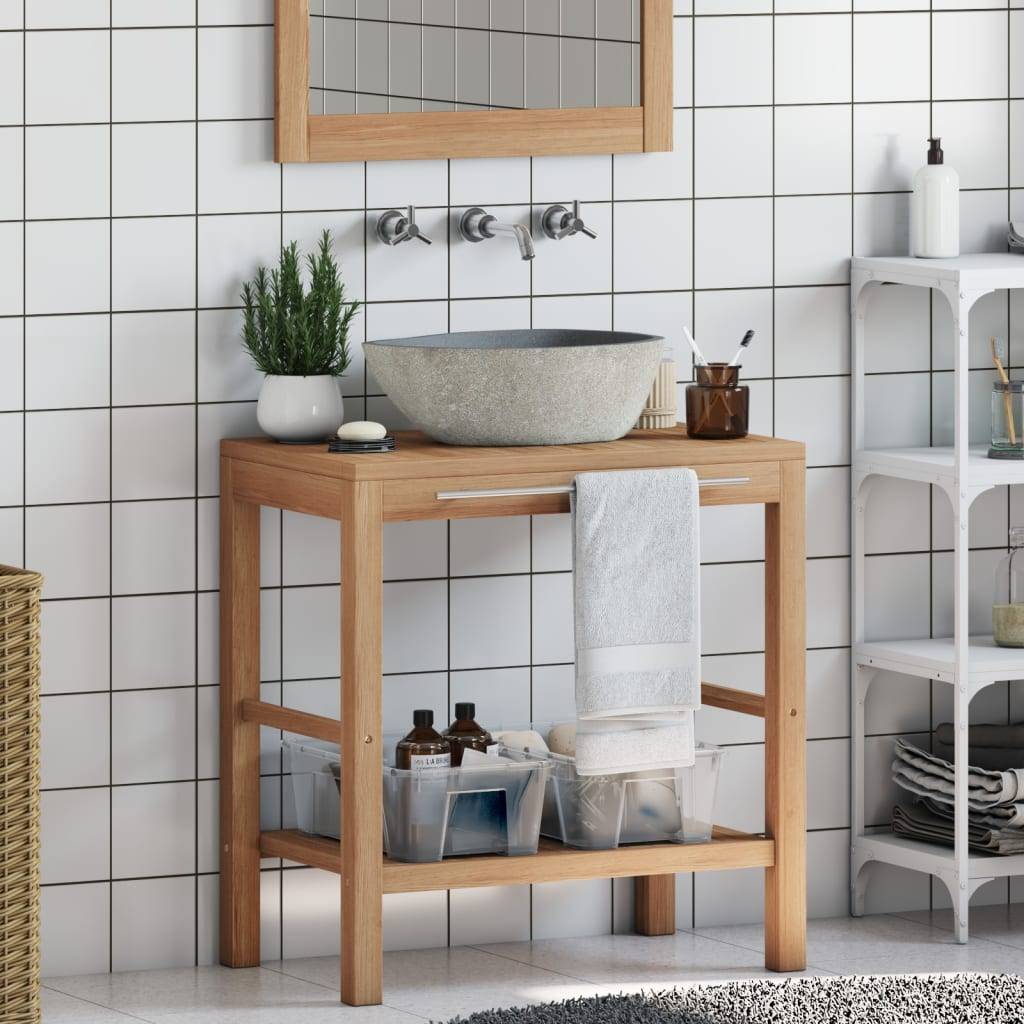 vidaXL Waschtisch Massivholz Teak mit Waschbecken aus Flussstein