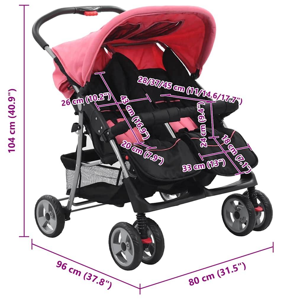 vidaXL Zwillingskinderwagen Rosa und Schwarz Stahl