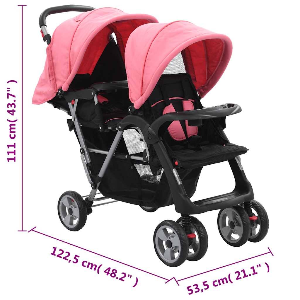 vidaXL Tandem-Kinderwagen Stahl Rosa und Schwarz