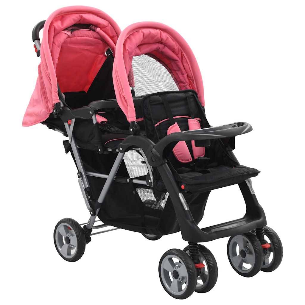 vidaXL Tandem-Kinderwagen Stahl Rosa und Schwarz