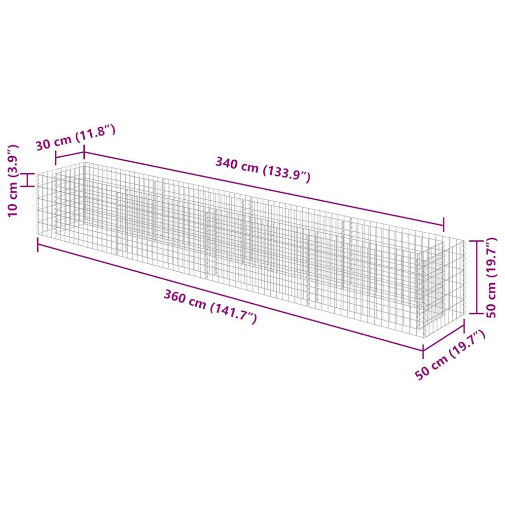vidaXL Gabionen-Hochbeet Verzinkter Stahl 360×50×50 cm