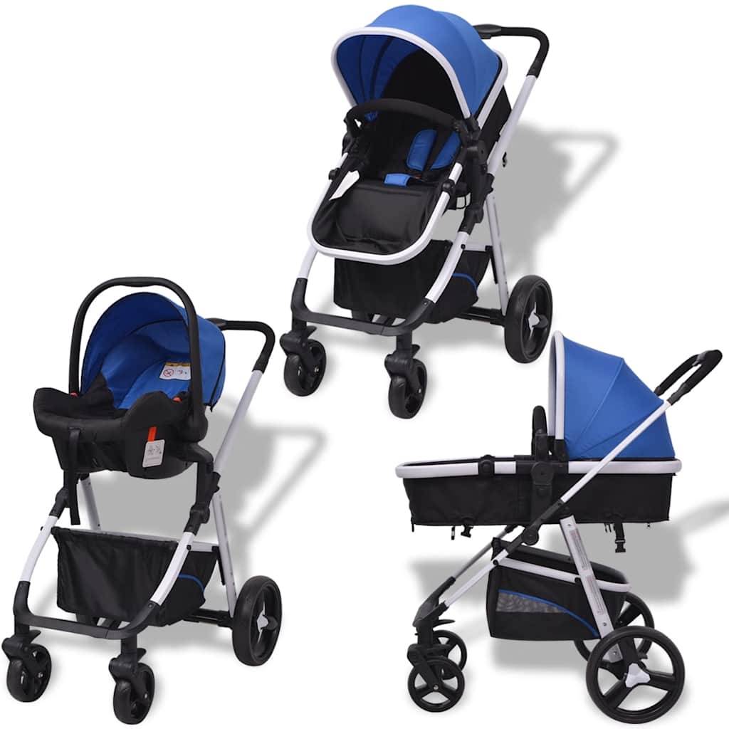vidaXL 3-in-1 Kinderwagen Aluminium Blau und Schwarz