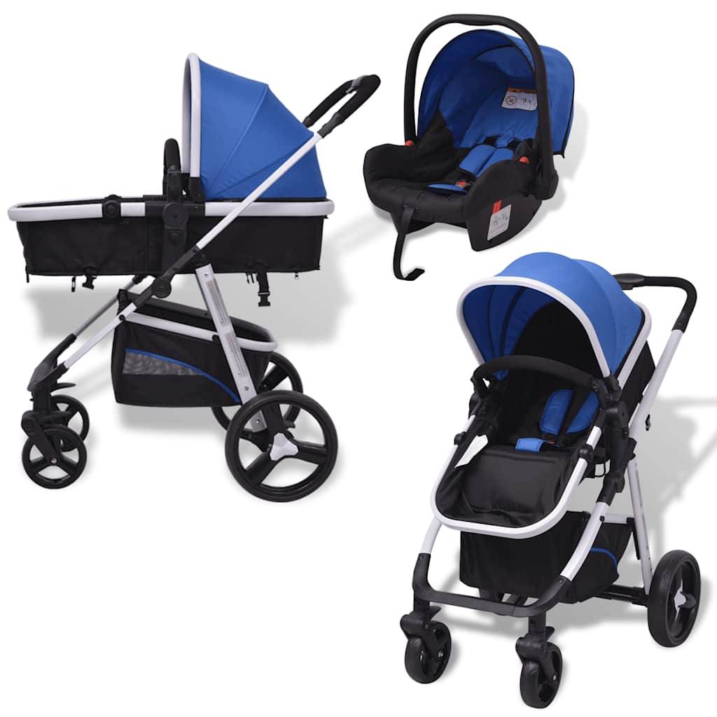 vidaXL 3-in-1 Kinderwagen Aluminium Blau und Schwarz