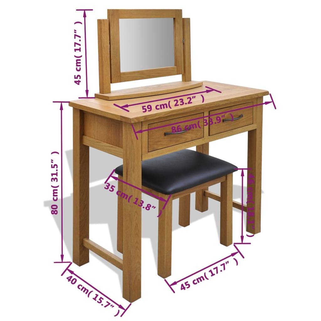 vidaXL Frisiertisch mit Hocker Massivholz Eiche