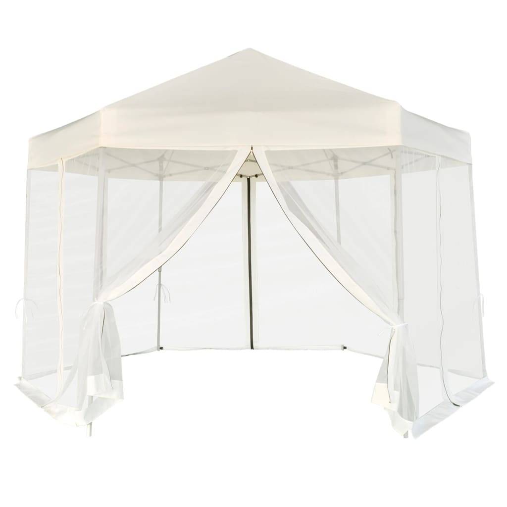 vidaXL Hexagonal Pop-Up Zelt mit 6 Seitenwänden Cremeweiß 3,6x3,1 m