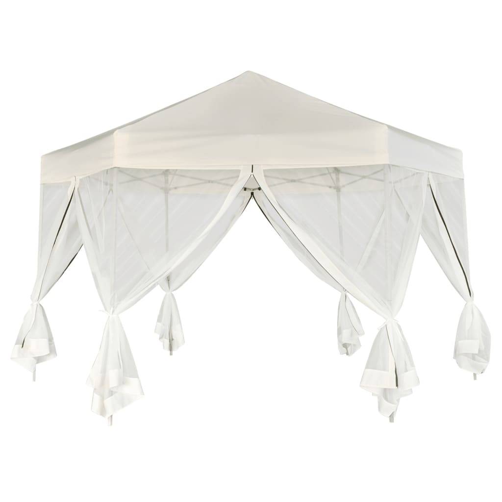vidaXL Hexagonal Pop-Up Zelt mit 6 Seitenwänden Cremeweiß 3,6x3,1 m