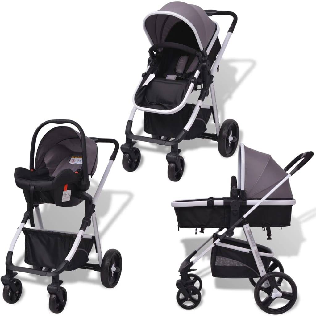 vidaXL 3-in-1 Kinderwagen Aluminium Grau und Schwarz