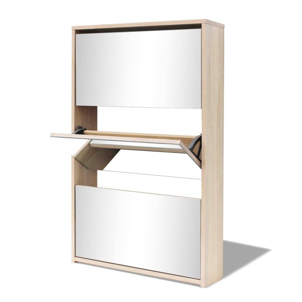 vidaXL Schuhschrank mit 3 Fächern Spiegel Eiche-Optik 63x17x102,5 cm