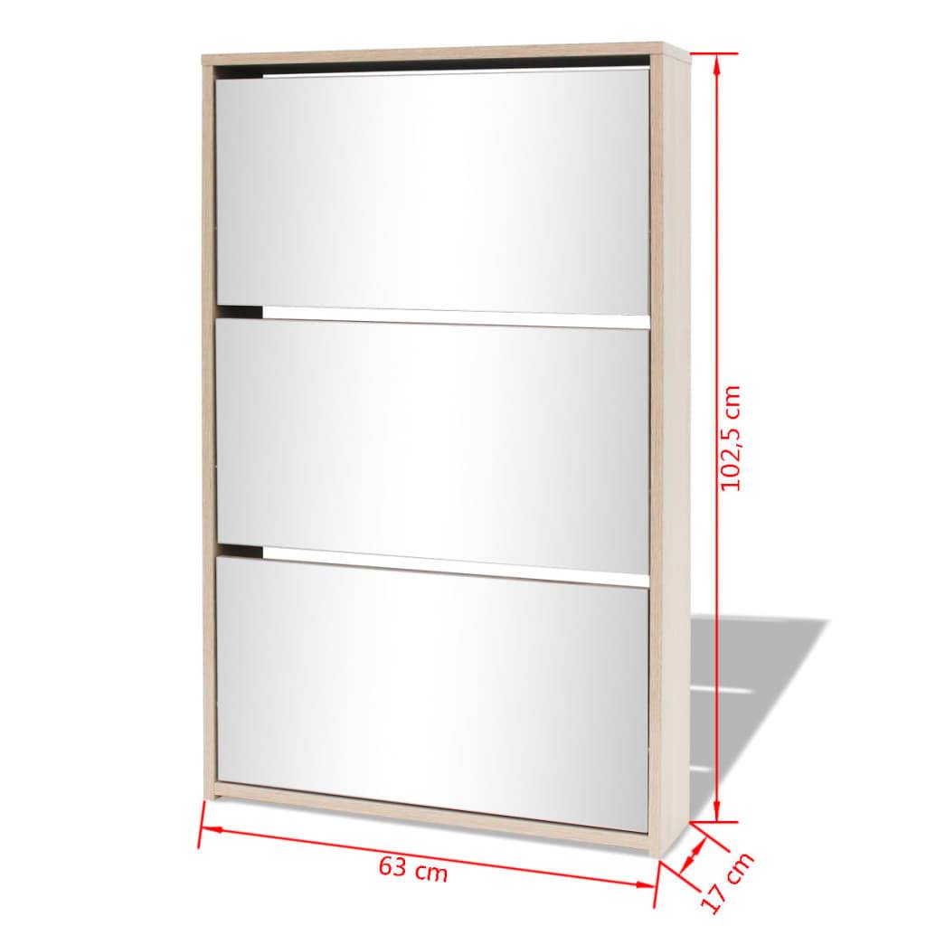 vidaXL Schuhschrank mit 3 Fächern Spiegel Eiche-Optik 63x17x102,5 cm