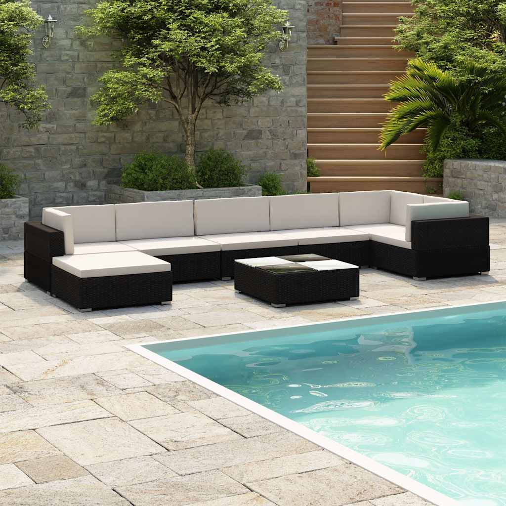 vidaXL 8-tlg. Garten-Lounge-Set mit Auflagen Poly Rattan Schwarz