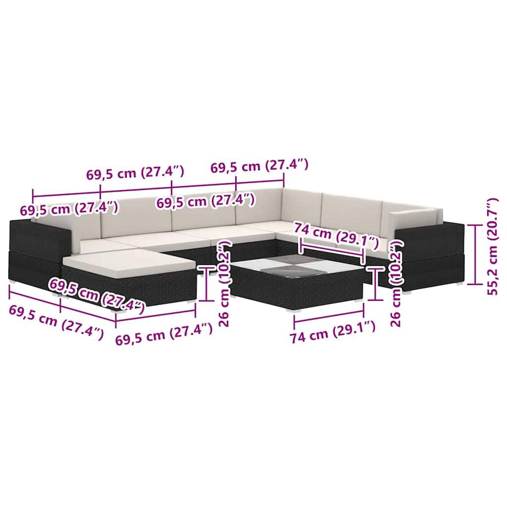 vidaXL 8-tlg. Garten-Lounge-Set mit Auflagen Poly Rattan Schwarz
