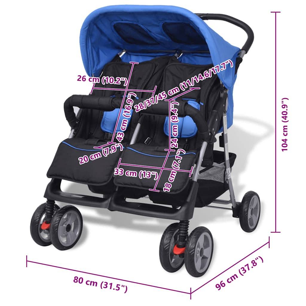 vidaXL Zwillingskinderwagen Stahl Blau und Schwarz