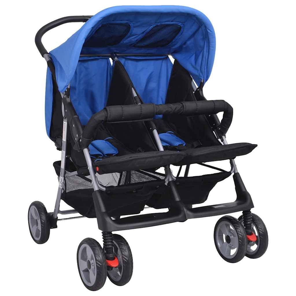 vidaXL Zwillingskinderwagen Stahl Blau und Schwarz