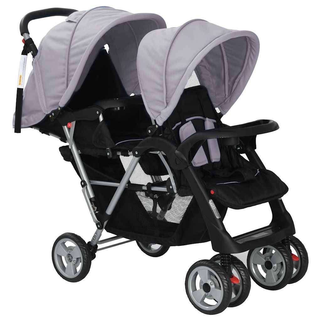 vidaXL Tandem-Kinderwagen Stahl Grau und Schwarz