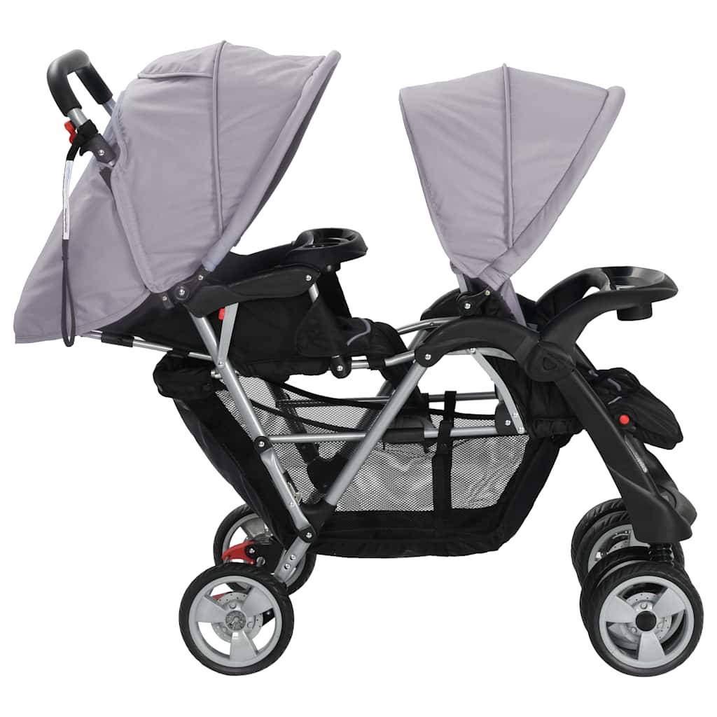 vidaXL Tandem-Kinderwagen Stahl Grau und Schwarz