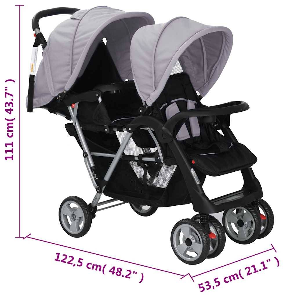 vidaXL Tandem-Kinderwagen Stahl Grau und Schwarz