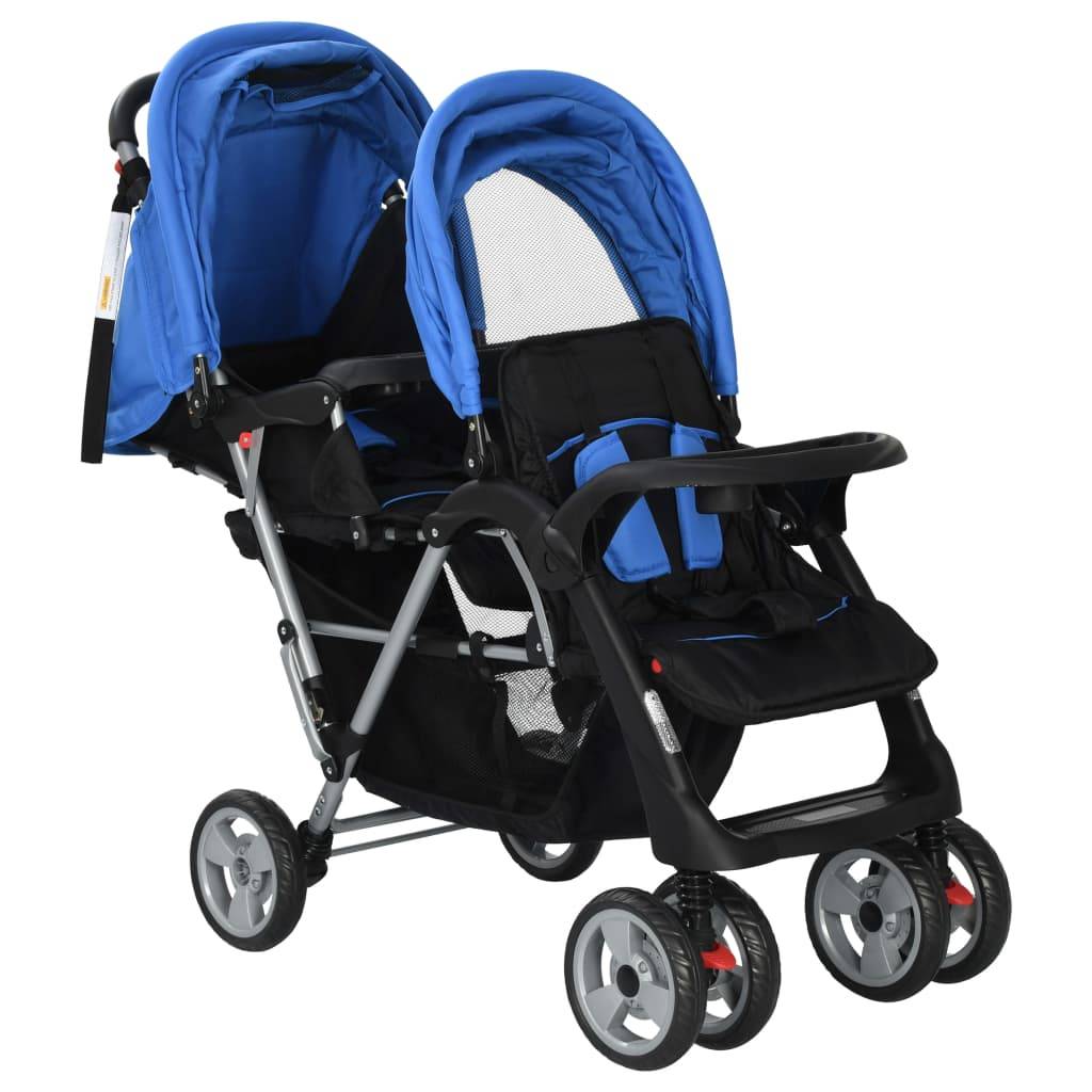 vidaXL Tandem-Kinderwagen Stahl Blau und Schwarz