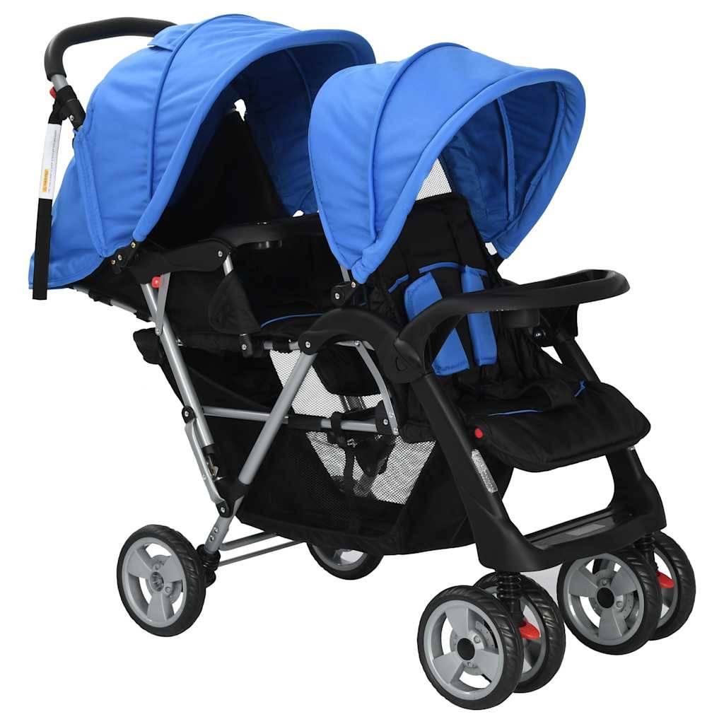 vidaXL Tandem-Kinderwagen Stahl Blau und Schwarz