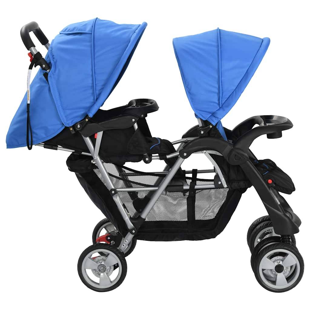vidaXL Tandem-Kinderwagen Stahl Blau und Schwarz