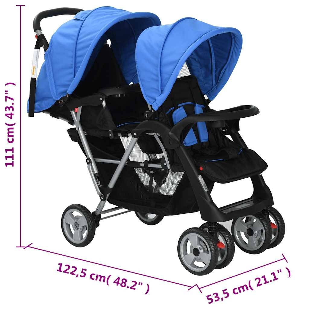 vidaXL Tandem-Kinderwagen Stahl Blau und Schwarz
