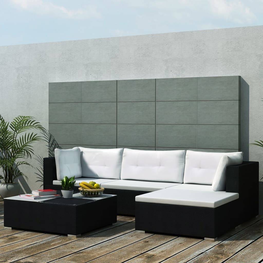 vidaXL 5-tlg. Garten-Lounge-Set mit Kissen Poly Rattan Schwarz