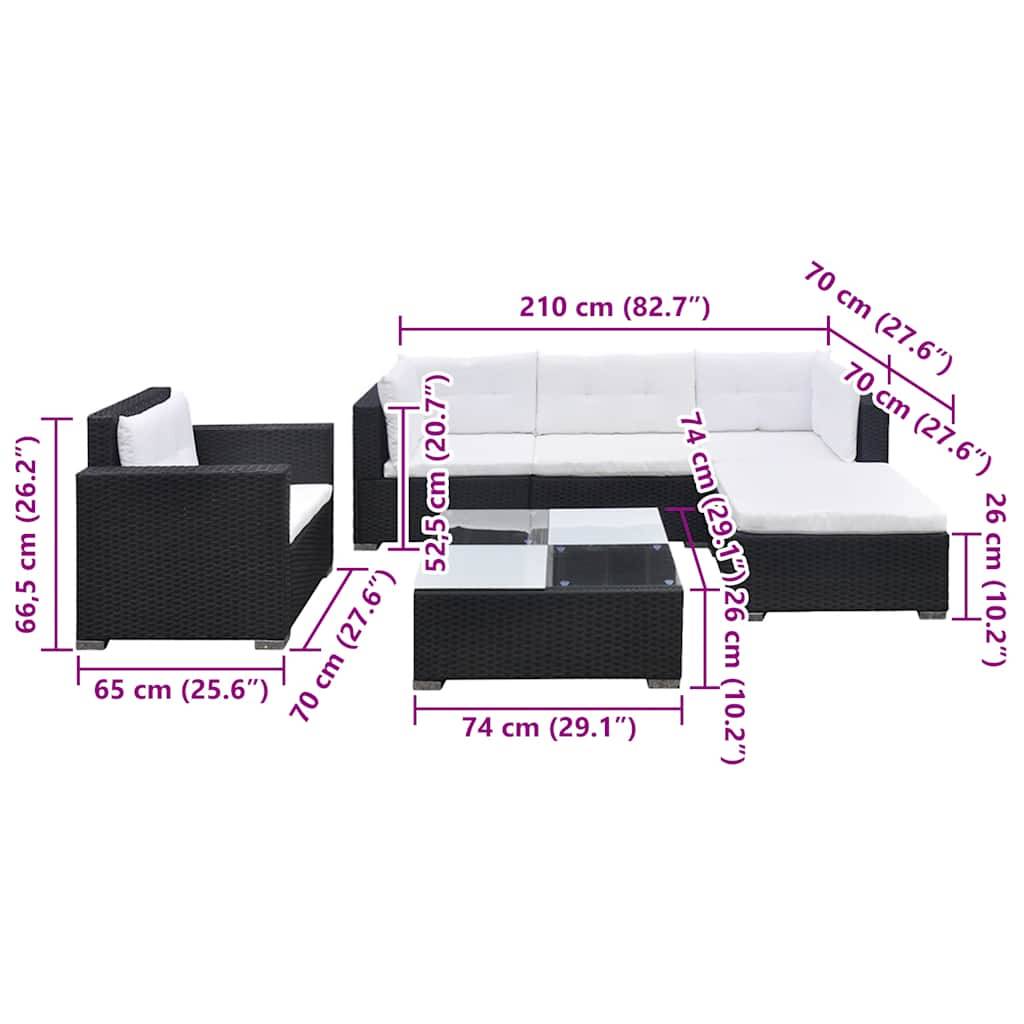 vidaXL 6-tlg. Garten-Lounge-Set mit Auflagen Poly Rattan Schwarz