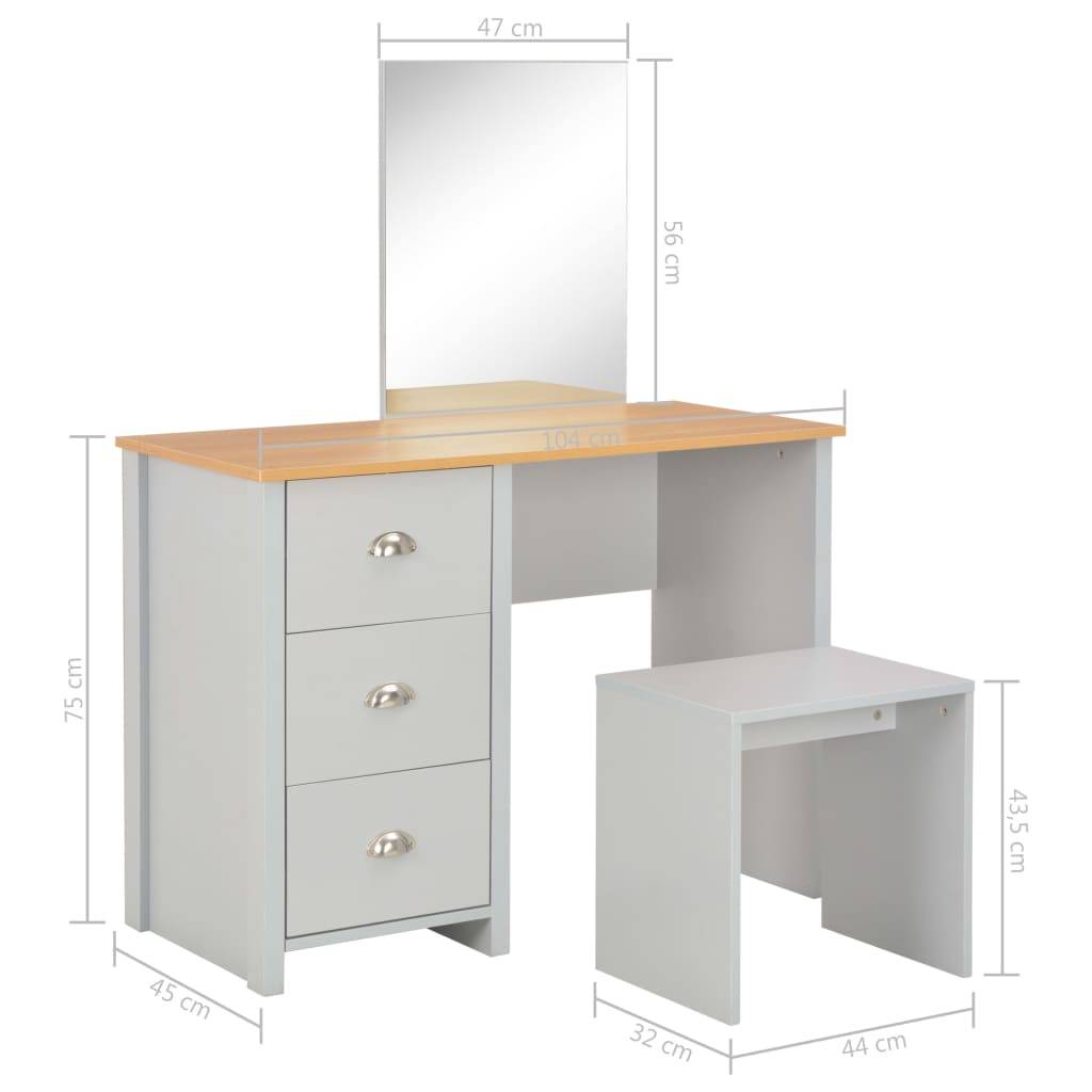 vidaXL Schminktisch mit Spiegel und Hocker Grau 104x45x131 cm