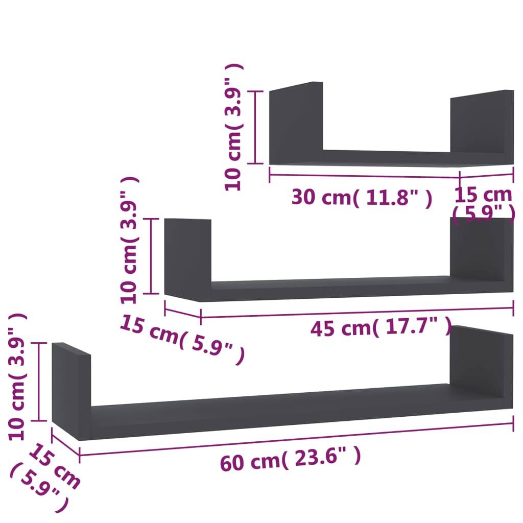 vidaXL Wandregal 3 Stk. Grau Holzwerkstoff