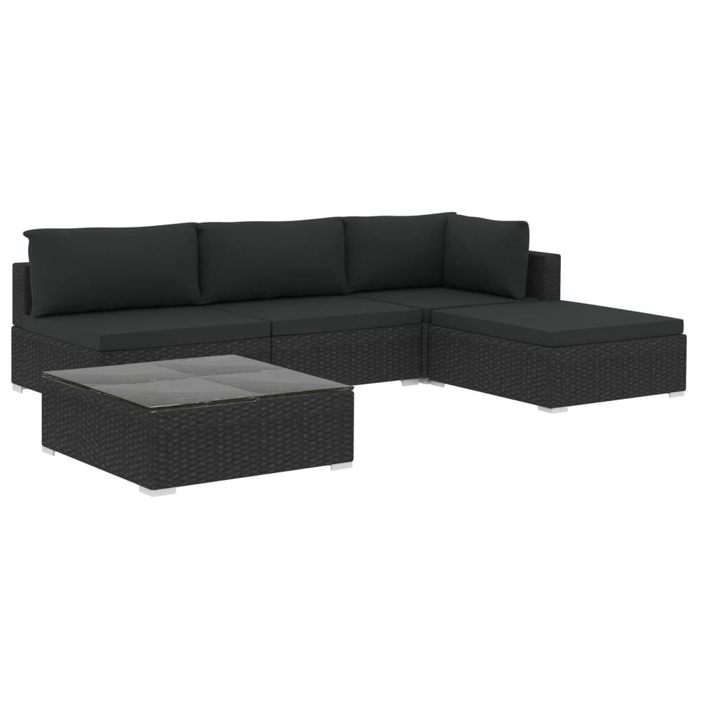 vidaXL 5-tlg. Garten-Lounge-Set mit Auflagen Poly Rattan Schwarz