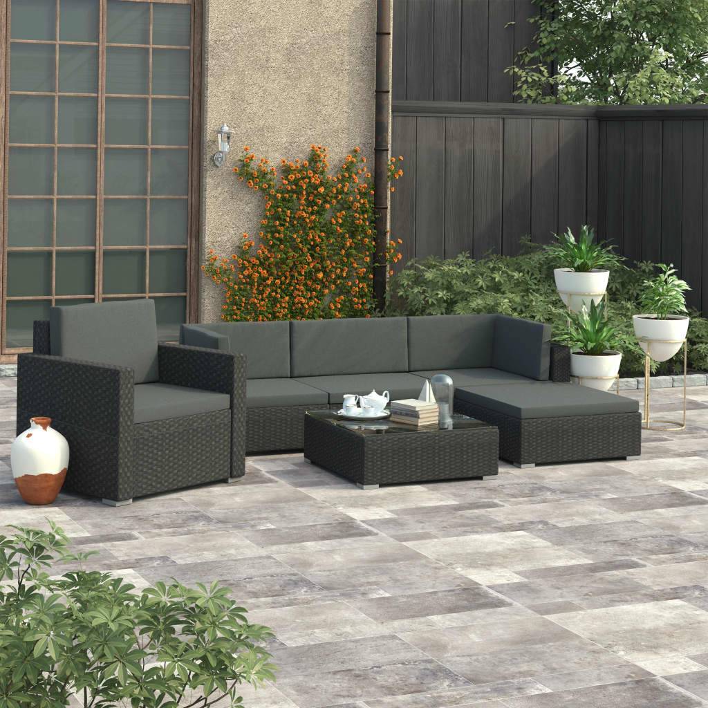vidaXL 6-tlg. Garten-Lounge-Set mit Auflagen Poly Rattan Schwarz