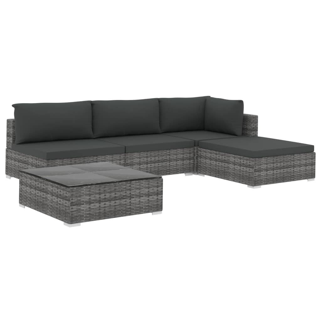 vidaXL 5-tlg. Garten-Lounge-Set mit Auflagen Poly Rattan Grau
