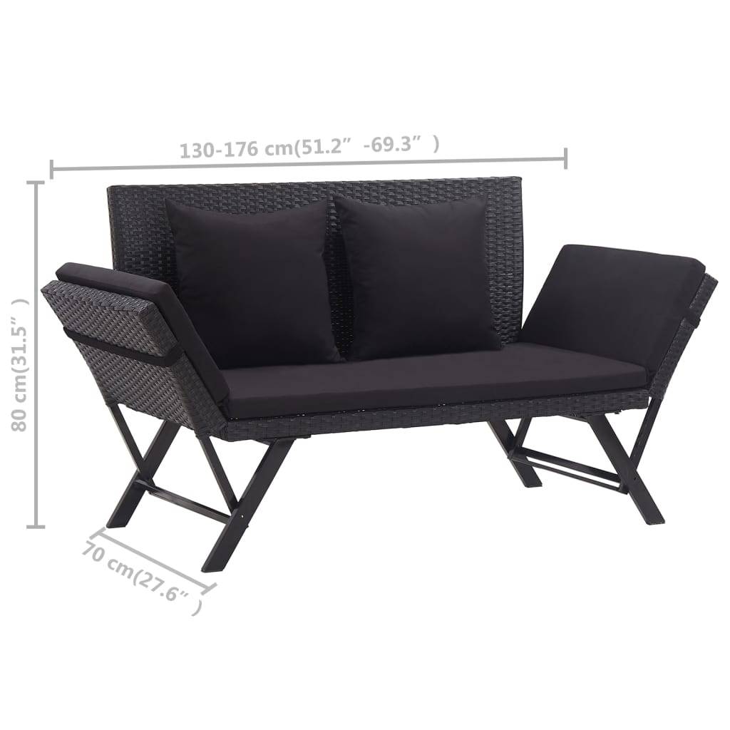 vidaXL Gartenbank mit Auflagen 176 cm Schwarz Poly Rattan