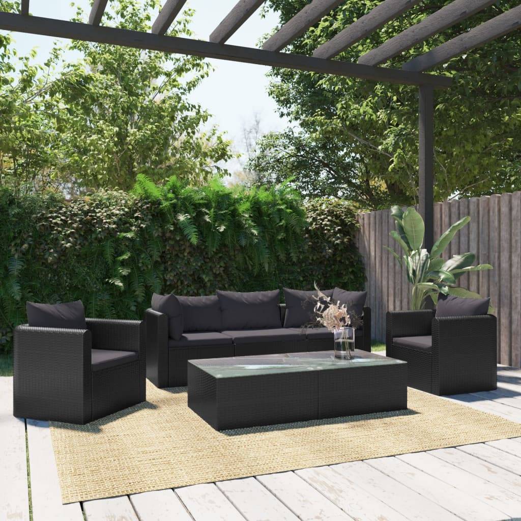 vidaXL 7-tlg. Garten-Lounge-Set mit Auflagen Poly Rattan Schwarz
