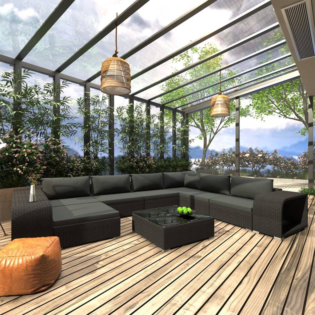 vidaXL 10-tlg. Garten-Lounge-Set mit Auflagen Poly Rattan Schwarz