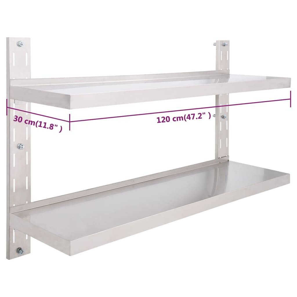vidaXL Wandregal mit 2 Ablagen Edelstahl 120x30 cm