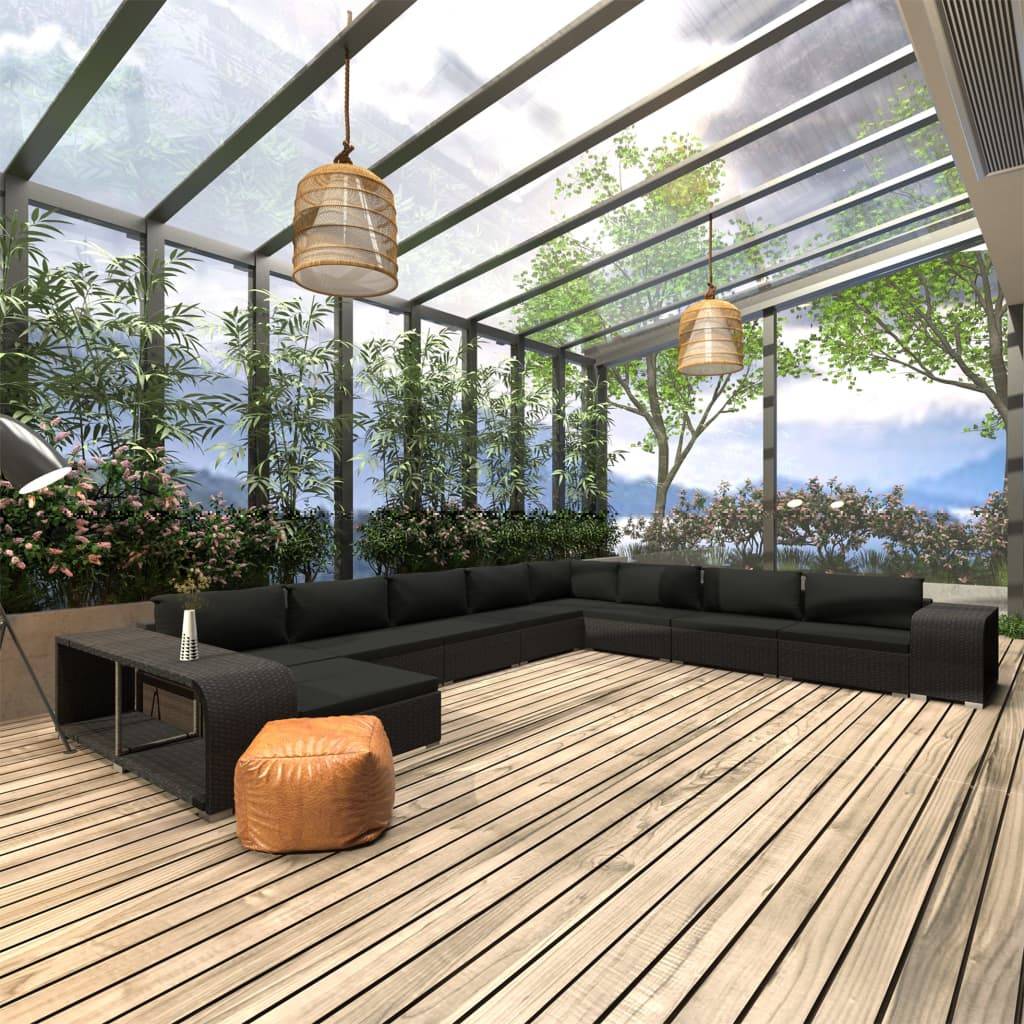 vidaXL 11-tlg. Garten-Lounge-Set mit Auflagen Poly Rattan Schwarz