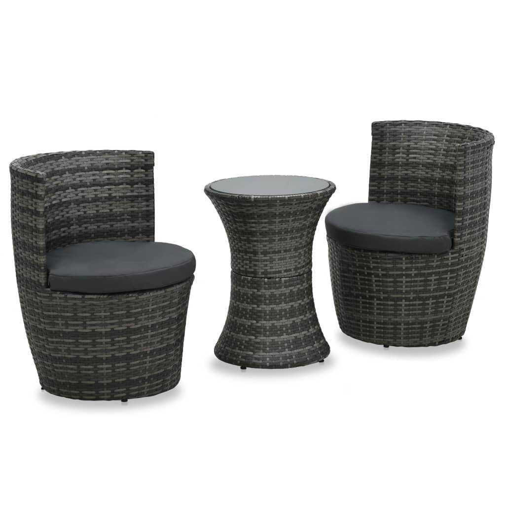 vidaXL 3-tlg. Bistro-Set mit Auflagen Poly Rattan Grau