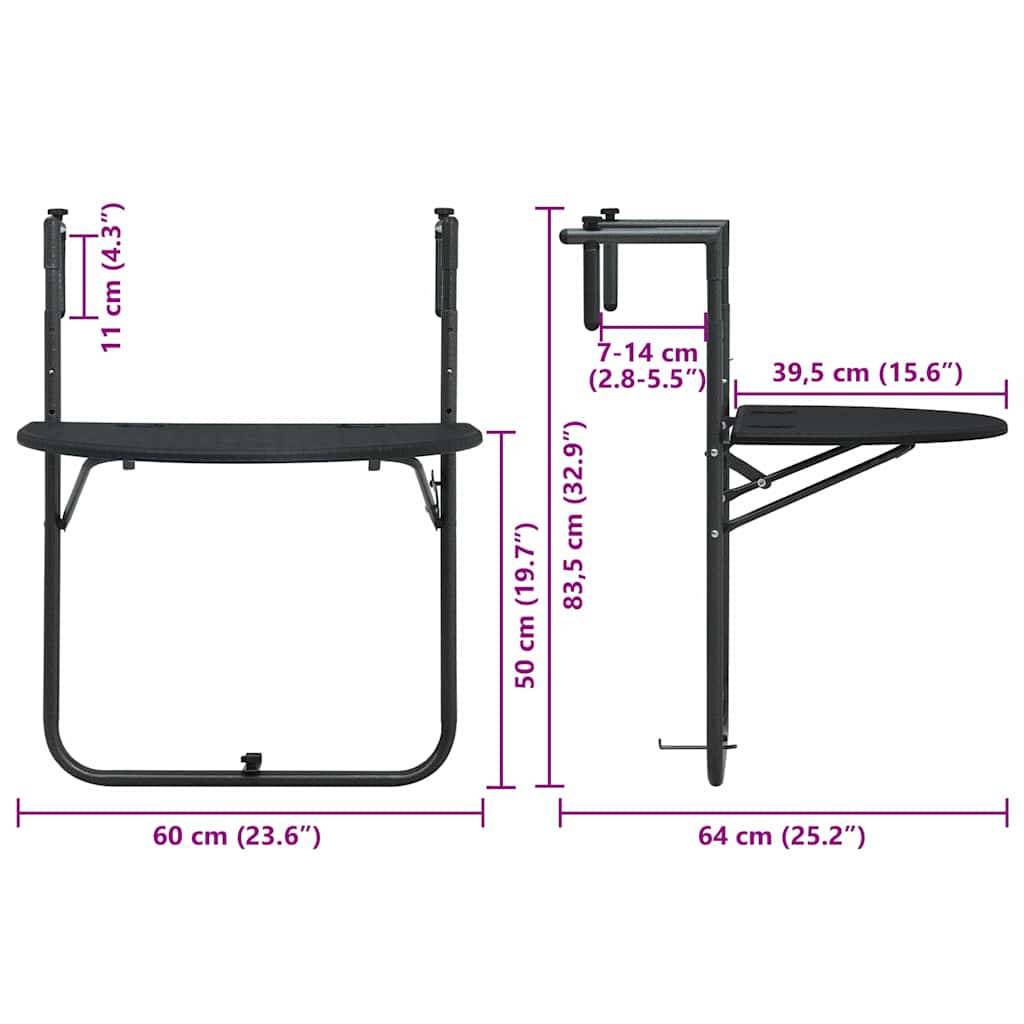 vidaXL Balkon-Hängetisch Schwarz 60x64x83,5 cm Kunststoff Rattan-Optik