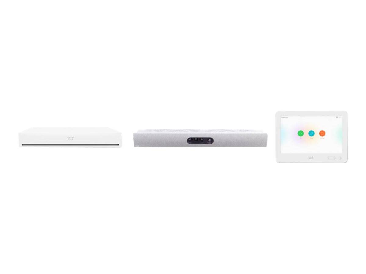 Drei Ansichten einer weißen intelligenten Lautsprecher-Soundbar: Vorderansicht, Rückseite mit Steuertasten und ein Touchscreen mit drei farbigen App-Symbolen.
