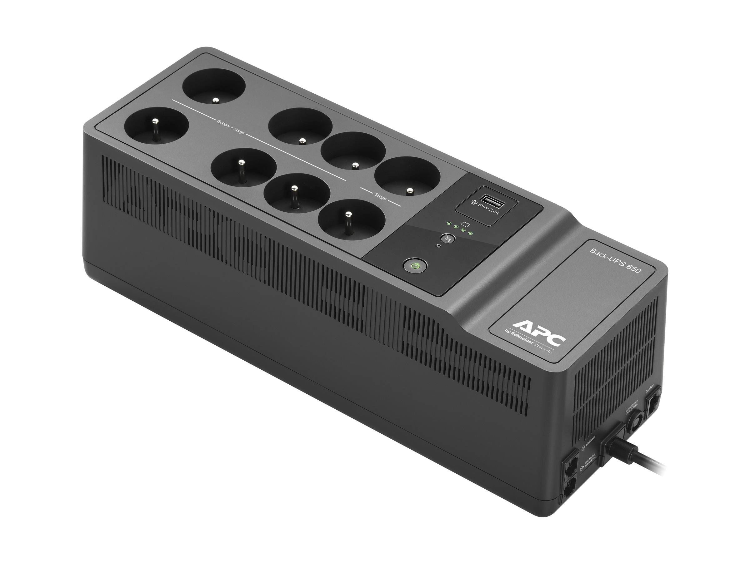 Schwarze APC Back-UPS Batterienotstromanlage mit mehreren Steckdosen und einem angeschlossenen Stromkabel.