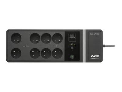 APC Back-UPS ES Batterie-Backup-Stromverteilleiste mit sieben Steckdosen, USB-Anschluss und Schalter auf weißem Hintergrund