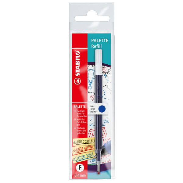 Verpackung für eine STABILO Palette Refill Gel-Rollerpen-Mine mit einer blauen 0,4 mm Farbmine in transparenter Blisterpackung.
