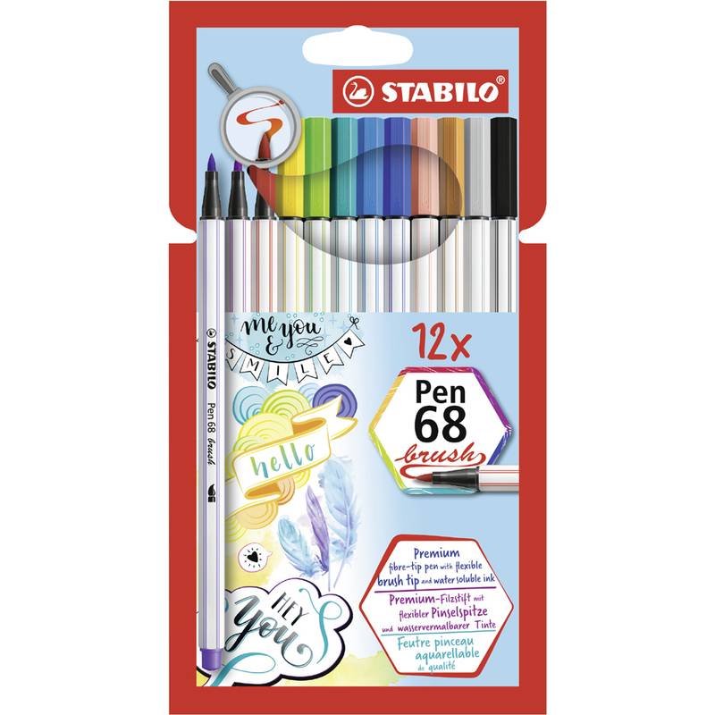 STABILO Pen 68 brush 12er-Pack mit bunten Pinselfarbstiften in Blisterverpackung, mit Musterlettern und Pastell-Doodles.