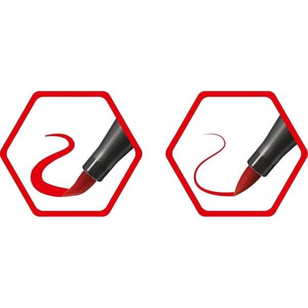 Zwei rote Sechseck-Logo-Symbole, auf denen ein schwarzer Marker eine rote gekrümmte Linie auf weißem Hintergrund zeichnet.