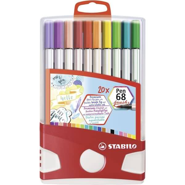 STABILO Pen 68 brush, 20 Farben, Mehrfarbig, Rundspitze & Bürstenspitze, Mehrfarbig, Hexagonal, Tinte auf Wasserbasis
