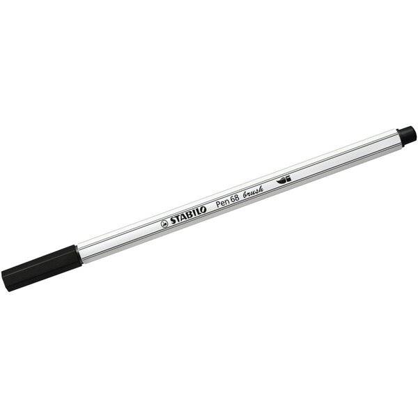 Schwarz-silberner STABILO Pen 68 Filzstift mit Kappen an beiden Enden, diagonal auf weißem Hintergrund abgebildet.
