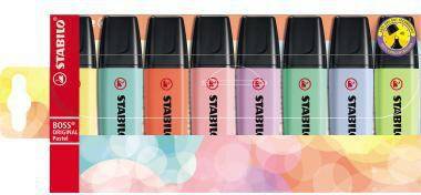 Packung mit acht STABILO BOSS Original Textmarkern in verschiedenen Pastell- und leuchtenden Farben, gezeigt in einer Einzelhandelspackung mit transparenter Vorderseite.